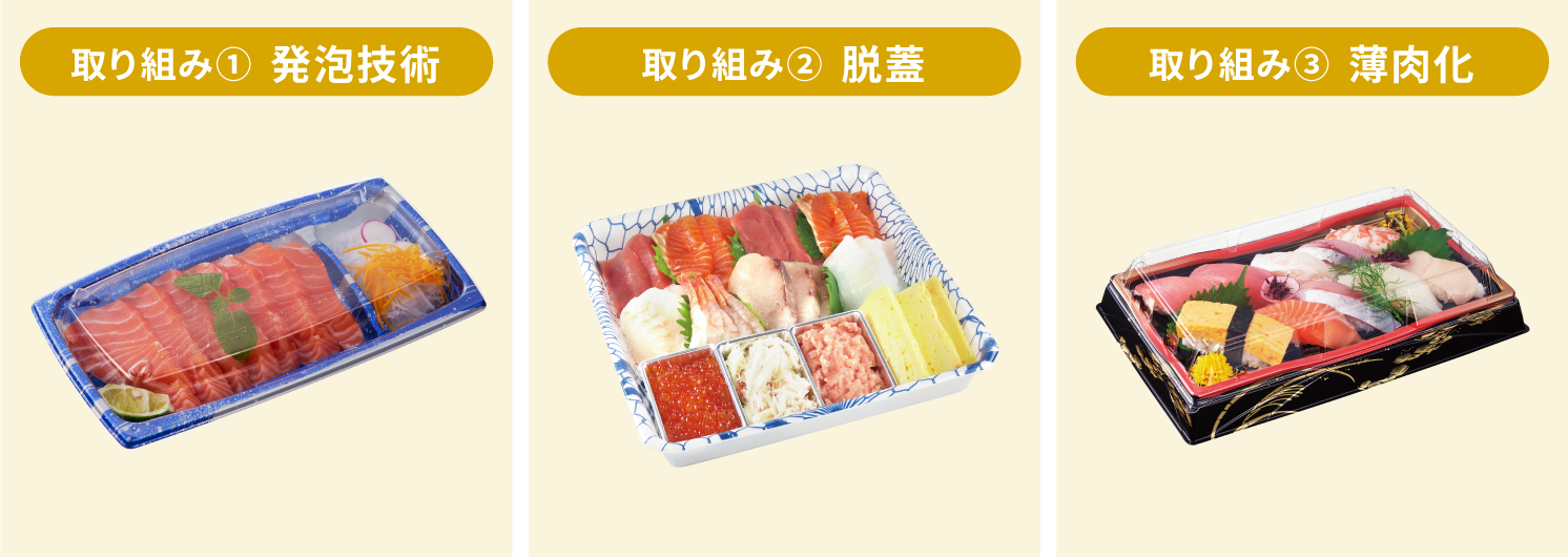 選択①脱蓋　蓋がないことで45%軽量化（まくら桶例）選択②薄肉化　使用感はそのままで材厚を10.7%薄肉化（天城例）
